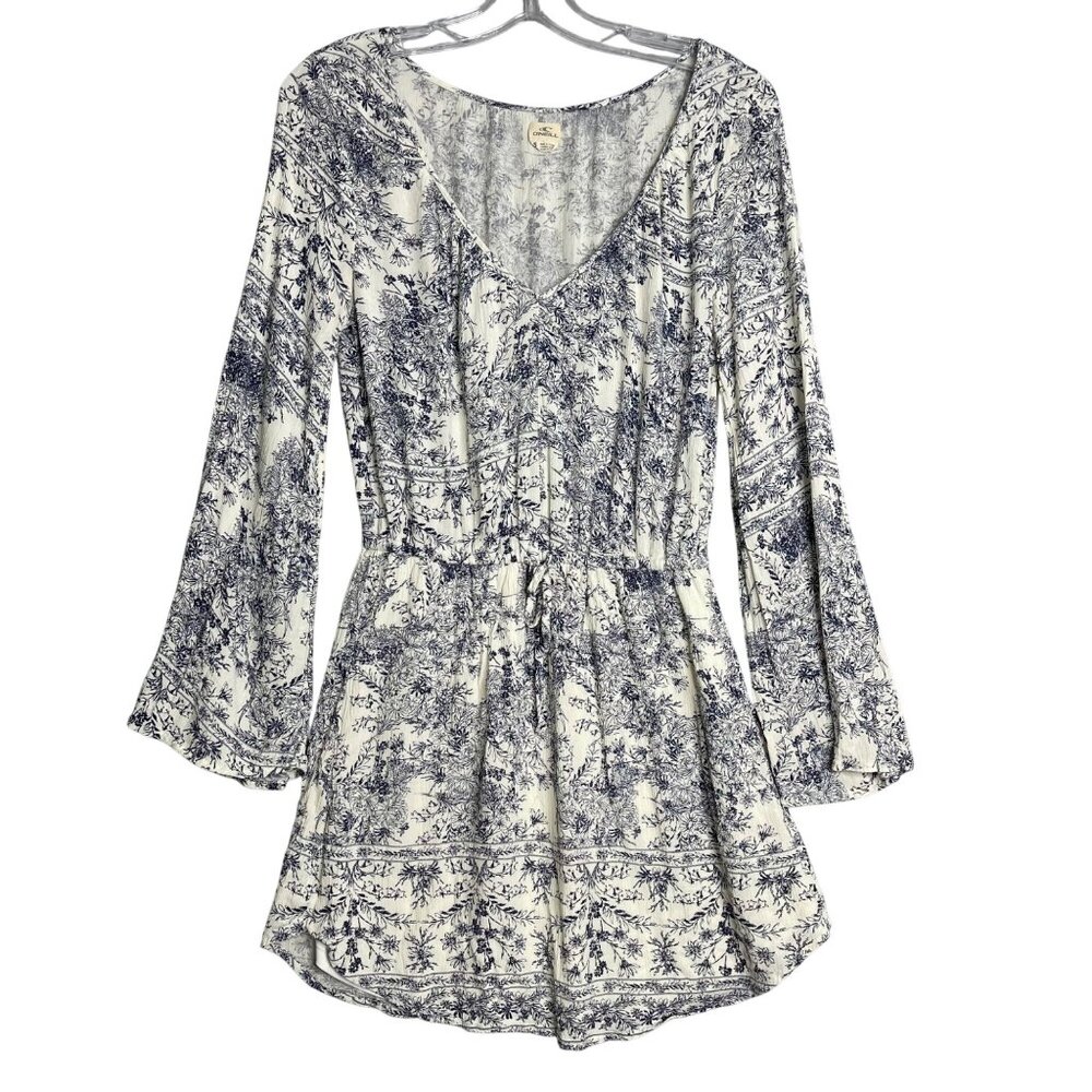 Oneill Gretchen Bell Sleeve Blouson Dress Womens S Blue White Boho Floral